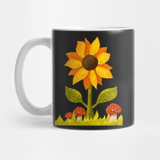 Sunflower in the grass along with some amanita mushrooms. Textured Illustration. Mug